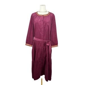 Johnny Was Corduroy Ruffle Midi Dress | Maroon Belted Coastal Cowgirl | NWT | L